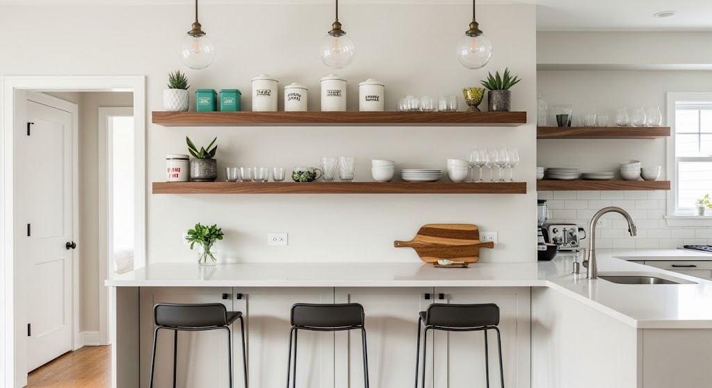10. Floating Shelves with Stools